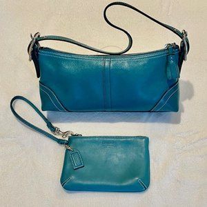 2 Leather Coach Bags Y2K NWOT Teal Turquoise Blue Baguette handbag w/ Wristlet